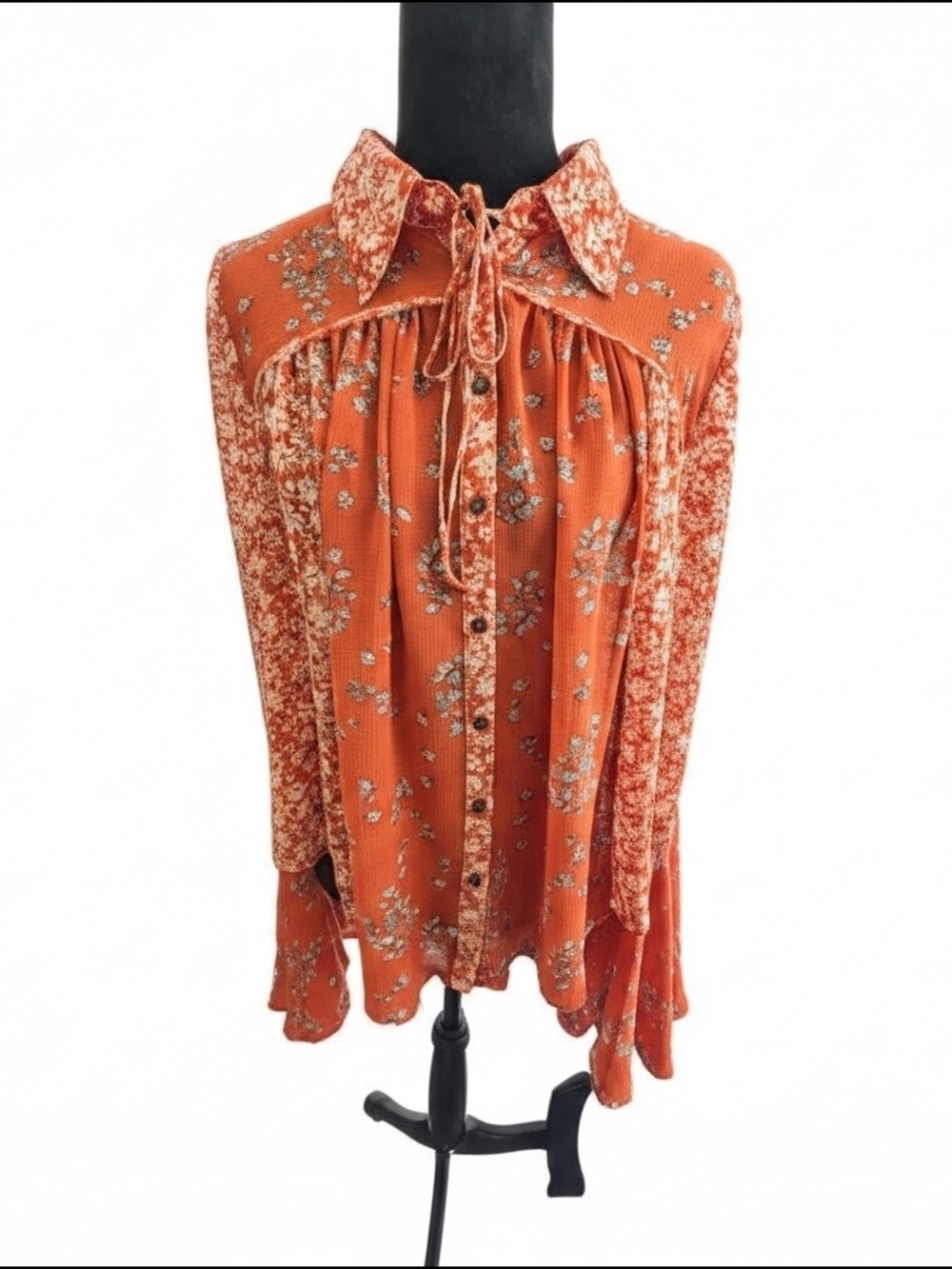 Free People Terracotta Orange Floral Tie-Neck Button Down Blouse Sz M (043)